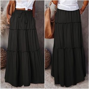 017 Frill Tiered Drawstring Waist Maxi Skirt